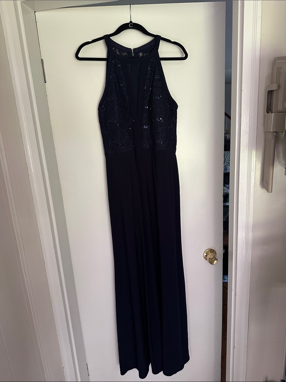 Night Way Collections Navy Lace Halter Sequin Gown